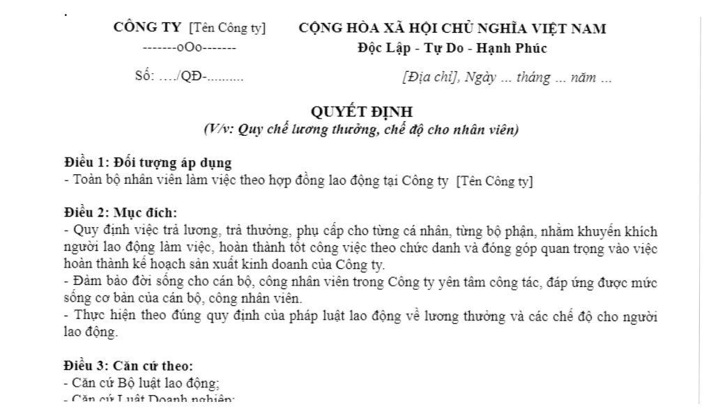 Mẫu 1 quy chế lương thưởng